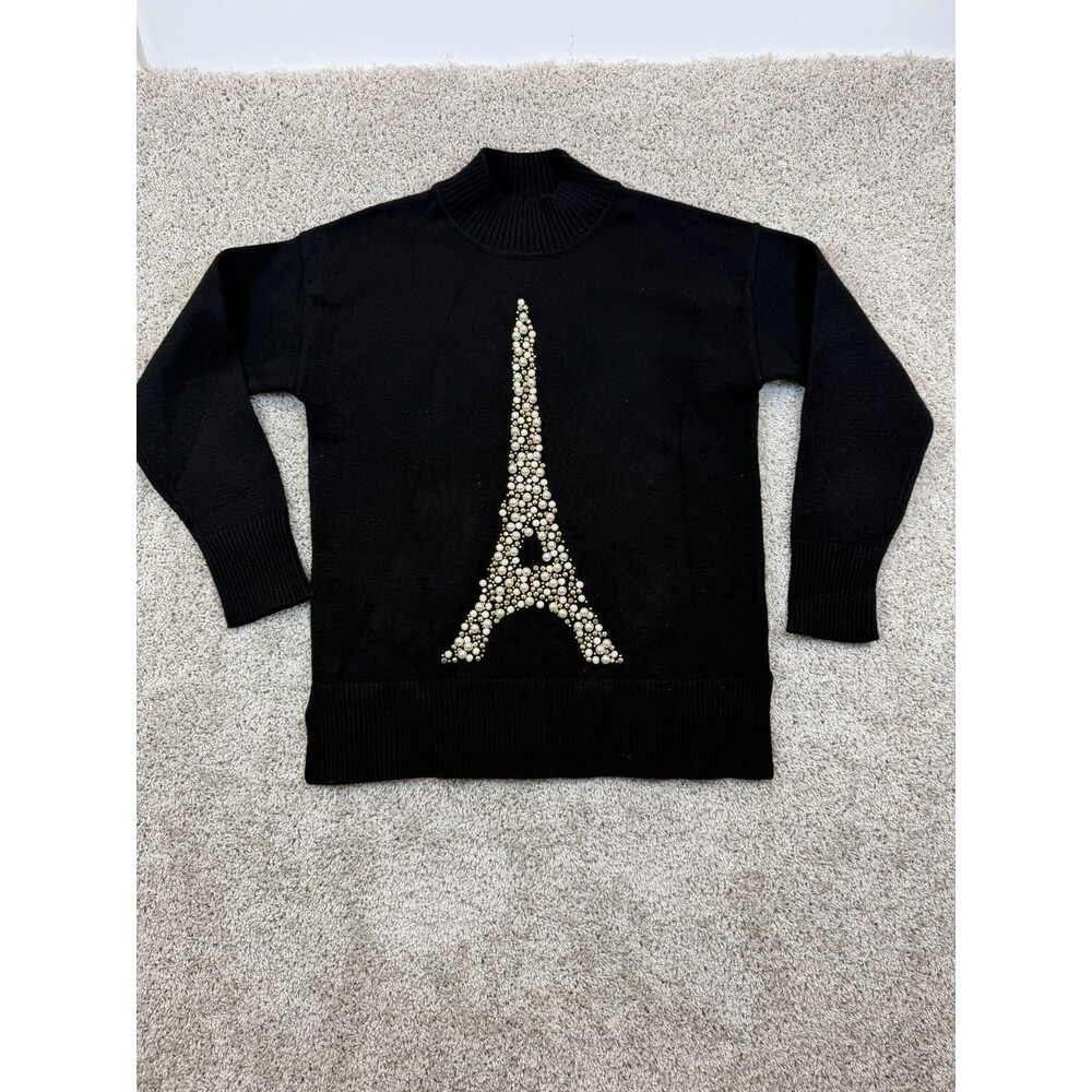 Karl Lagerfeld Paris PEARL EIFFEL TOWER LUREX SWEATER, BLK, XS, MSRP: $109